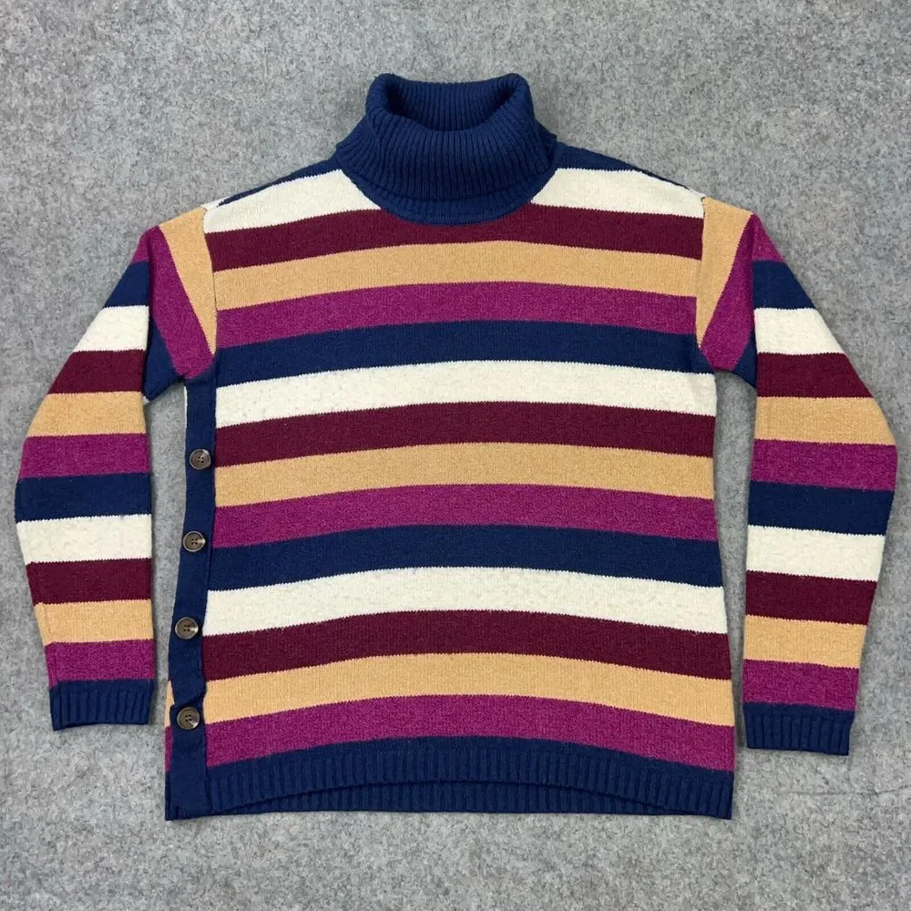 VTG St Johns Bay Sweater Womens Medium Multicolor Striped Turtleneck Side Button - Picture 2 of 10